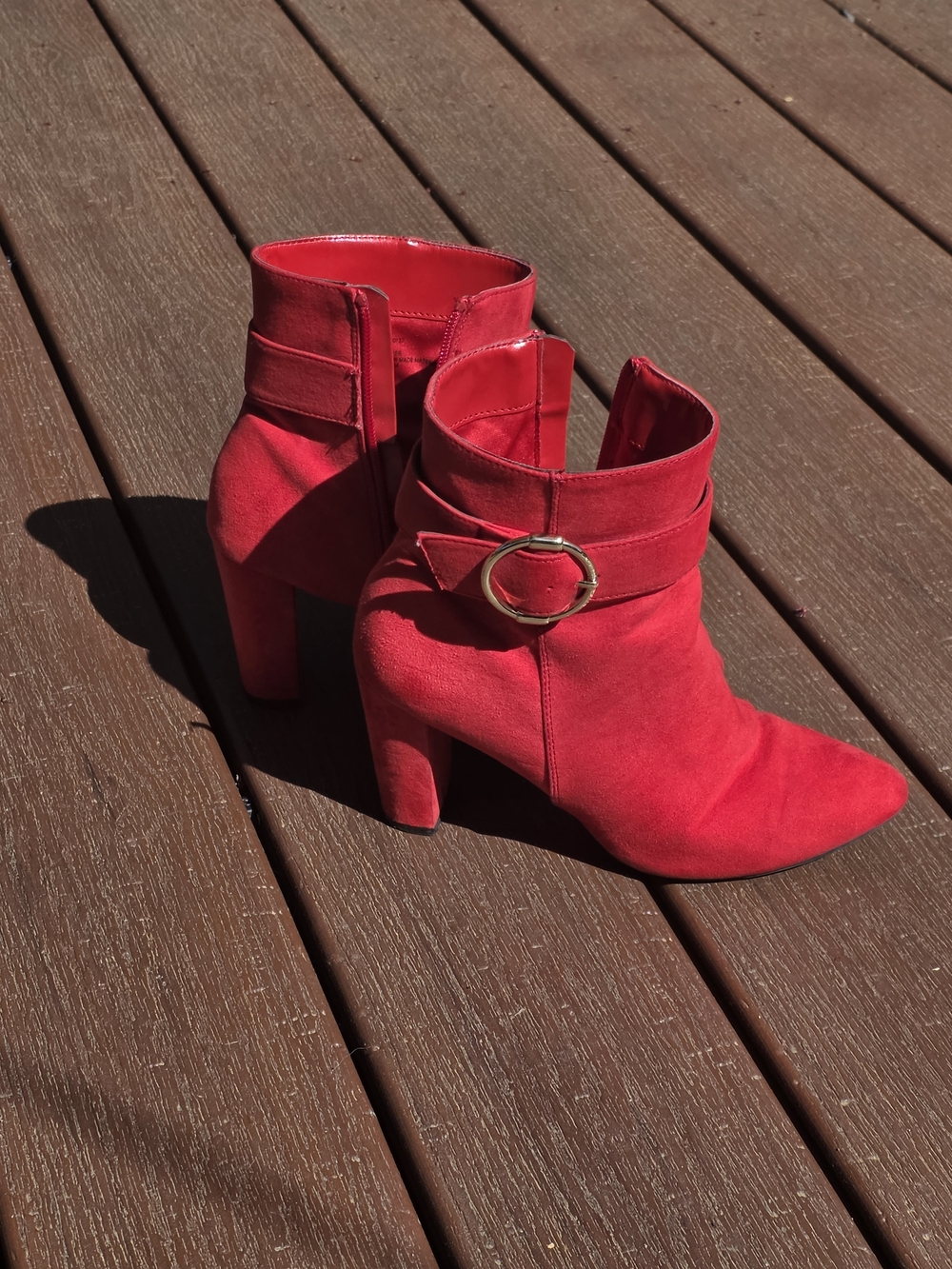 kenzie Red Suede Pointed-Toe Ankle Boots with Gold Buckle
